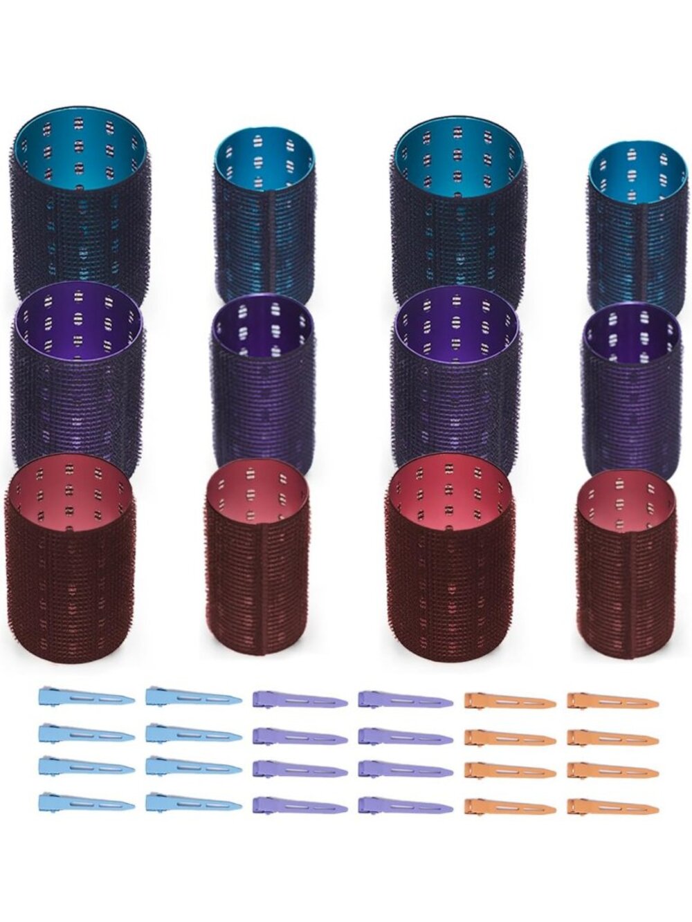 12 Pack Aluminum Hair Rollers with Clips & Bag - Velcro Self Grip for Volume